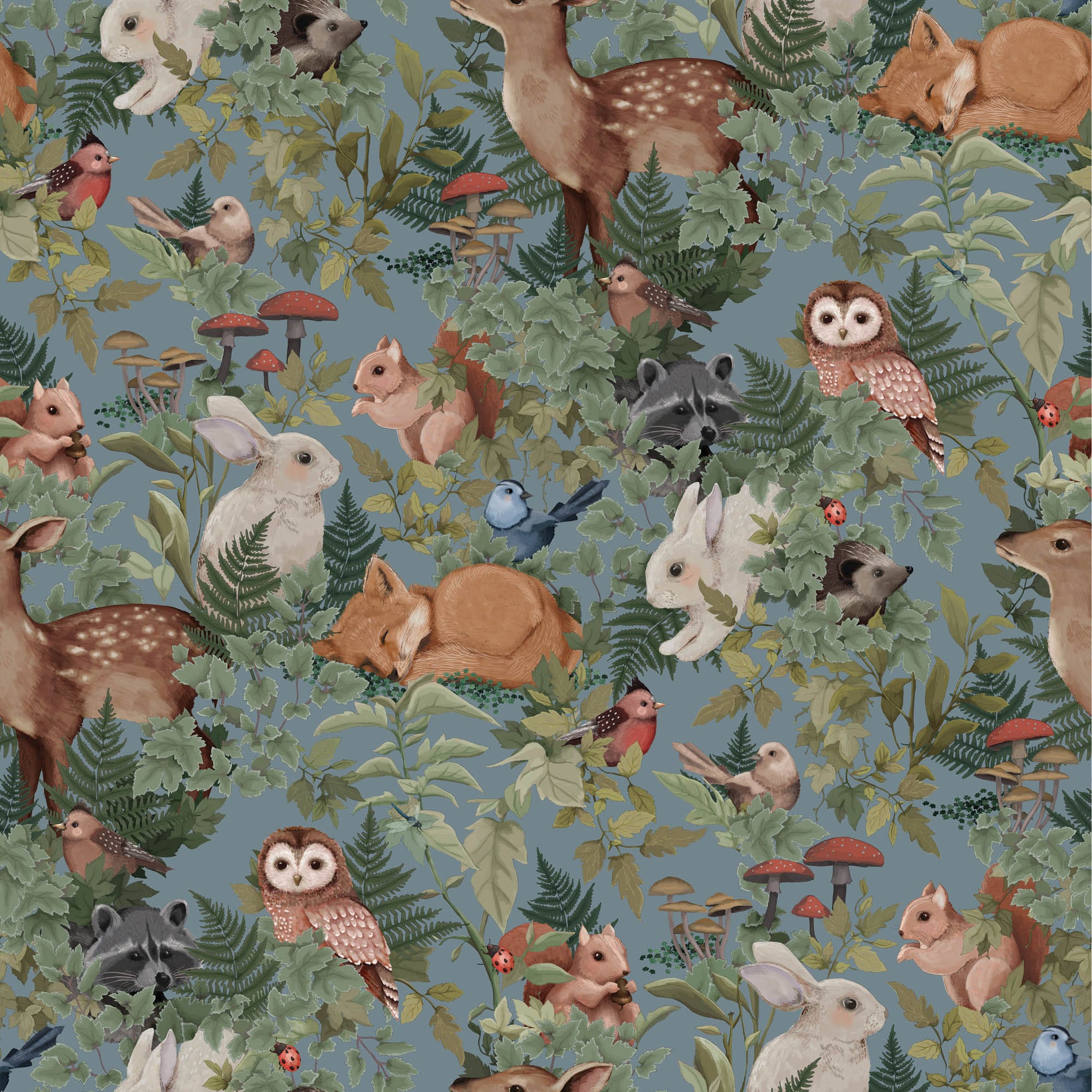 Tapet barnrum skog Woodlands Dusty Blue, Jimmy Cricket