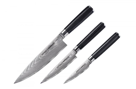 DAMASCUS Knivset presentbox: Kockkniv + allkniv + grönsakskniv
